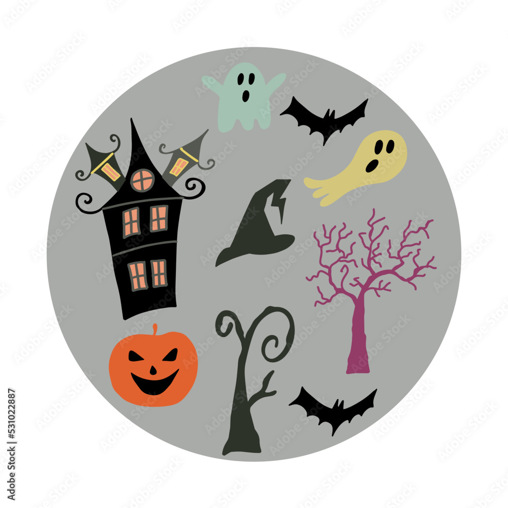 Clip-art set of Halloween objects. Haunted house, Jack-o'-lantern, witch hat, ghosts, dead trees, spooky bats. Cute design, vector illustration. 