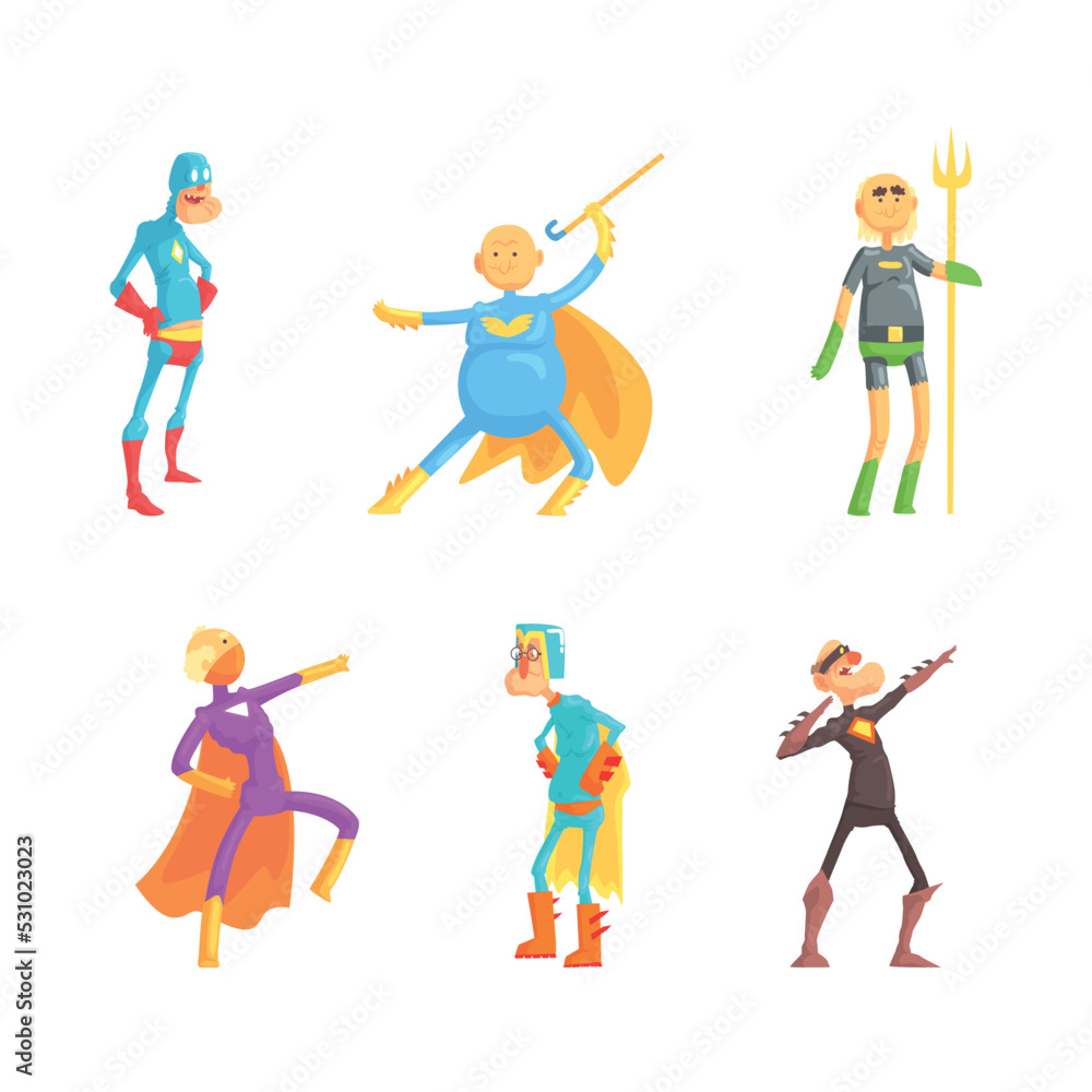Funny Elderly Man Superhero Wearing Suit and Cape Vector Set