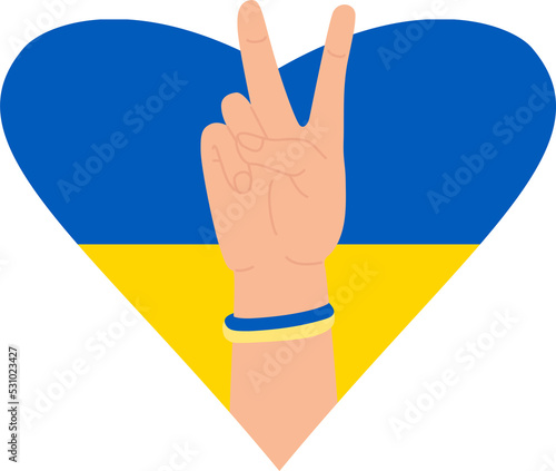 Hand gesture victory against background of yellow-blue heart 