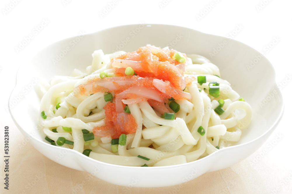 Japanese food, raw squid and Mentaiko sauce on cold Udon noodles for Sumer food image Japanese food, raw squid and Mentaiko sauce on cold Udon noodles for Sumer food image