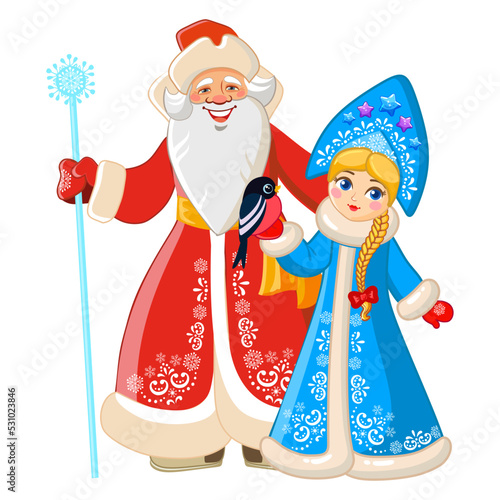 Russian Santa Claus and Snow Maiden in traditional winter clothes. Characters of vintage-style Christmas cards