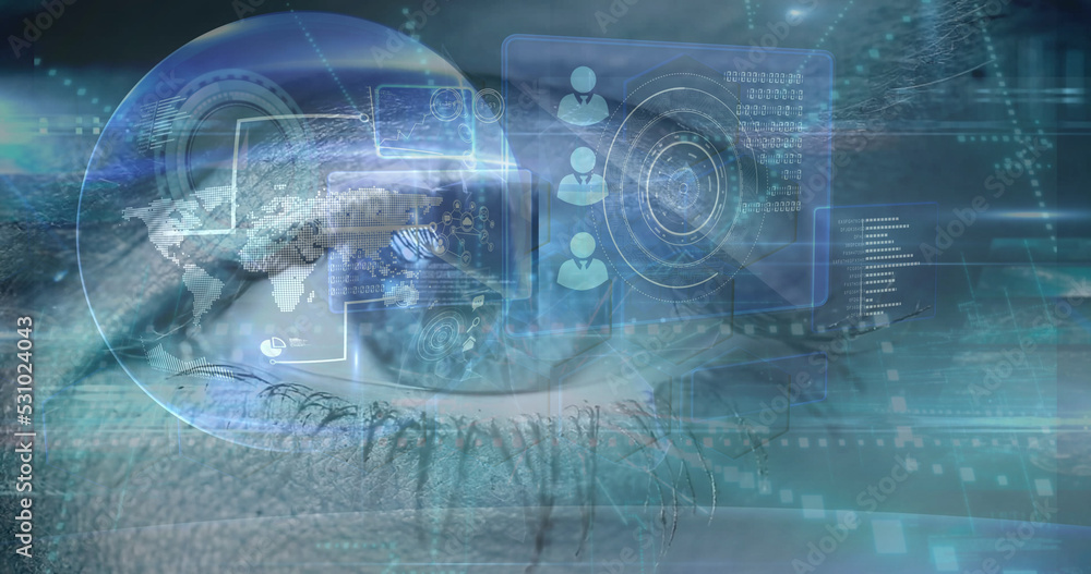 Obraz premium Image of data processing over clock and eye