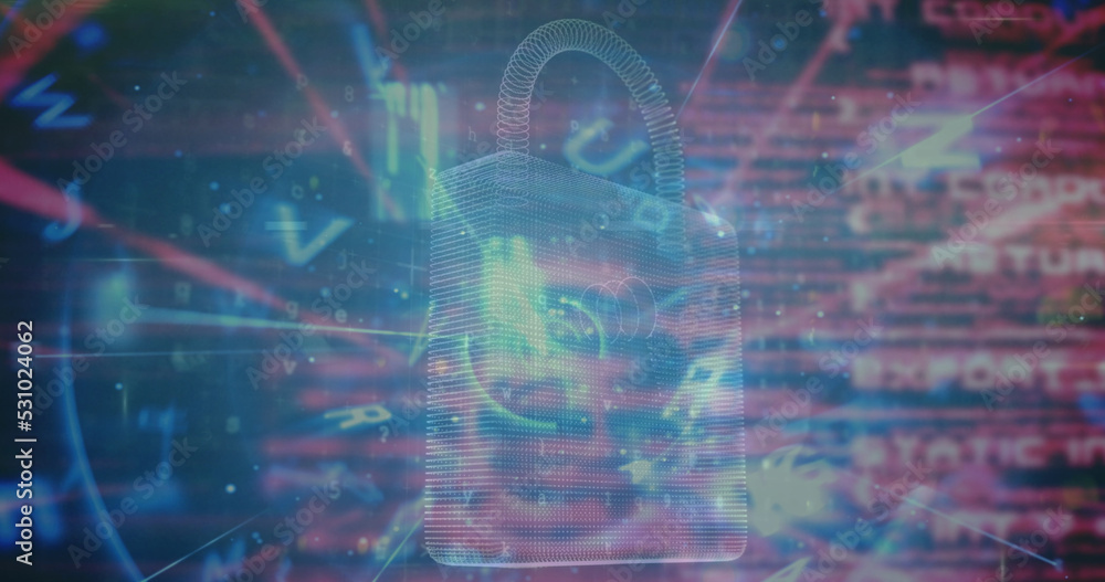 Image of padlock icon over data processing on black background Image of padlock icon over data processing on black background