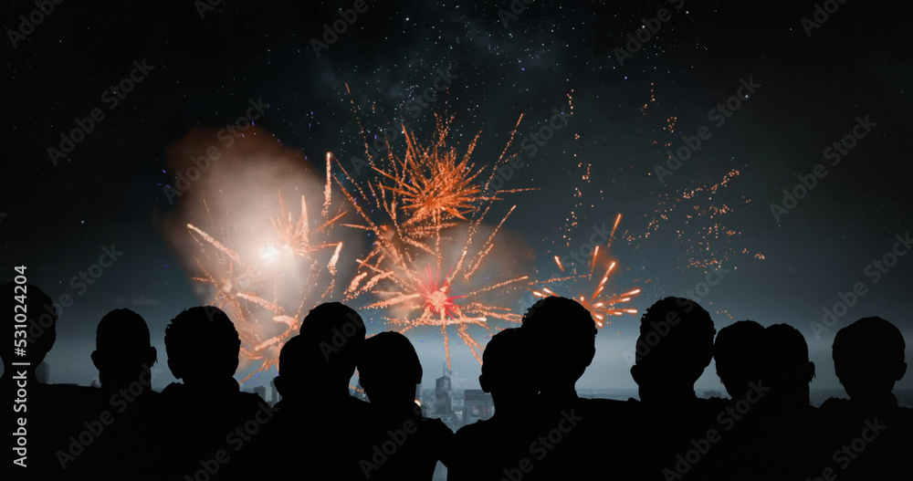 Image of silhouettes of people and cityscape over fireworks