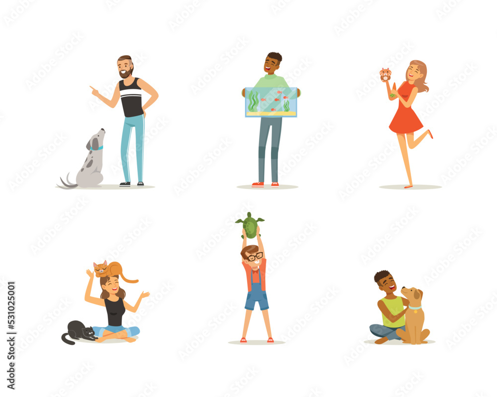 Happy People Pet Owner with Dog, Cat, Hamster and Fish Loving Their Animal Vector Set