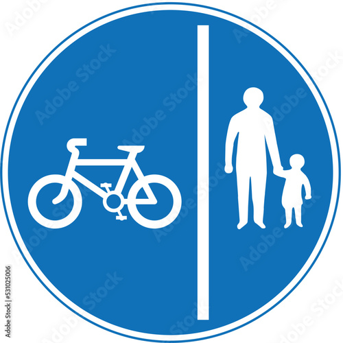 Segregated pedal cycle and pedestrian route, The Highway Code Traffic Sign, Signs giving orders, Signs with red circles are mostly prohibitive. Plates below signs qualify their message.