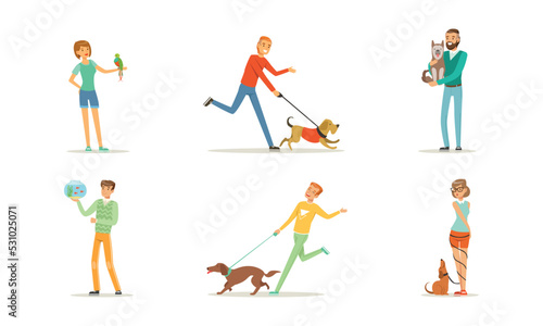 Happy People Pet Owner with Dog, Cat, Parrot and Fish Loving Their Animal Vector Set