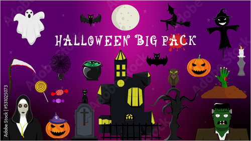 Cartoon set of Halloween elements. Halloween big icon pack. 