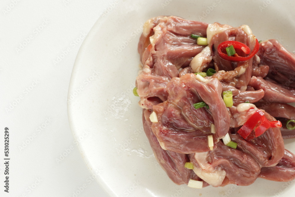 Chinese cooking, prepared Chicken heart and spring onion seasoning marinade Chinese cooking, prepared Chicken heart and spring onion seasoning marinade