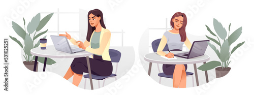 A girl with a laptop is working. The girl is browsing the Internet, conversations, online conferences. The concept of online education. Flat vector illustration.