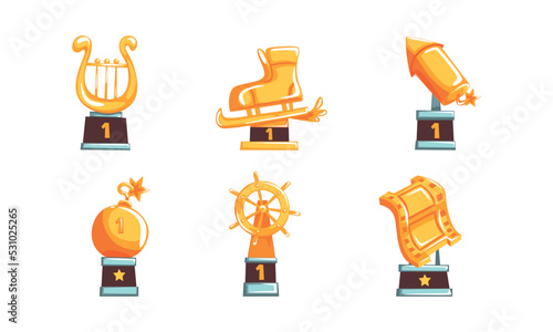 Golden Award Statuette as Music, Sport and Work Trophy and Prize Vector Set