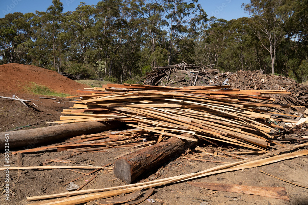 Scrap piles of wood offcuts at a country sawmill in Central Queensland, Australia. Scrap piles of wood offcuts at a country sawmill in Central Queensland, Australia.