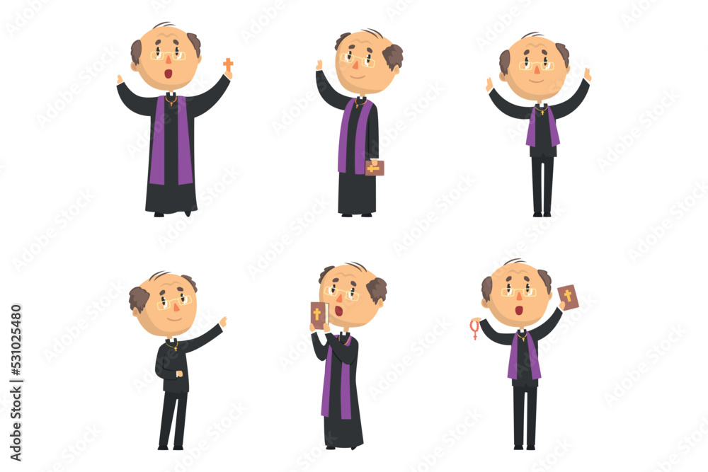 Catholic Preacher or Priest Giving Speech and Blessing Vector Set Catholic Preacher or Priest Giving Speech and Blessing Vector Set