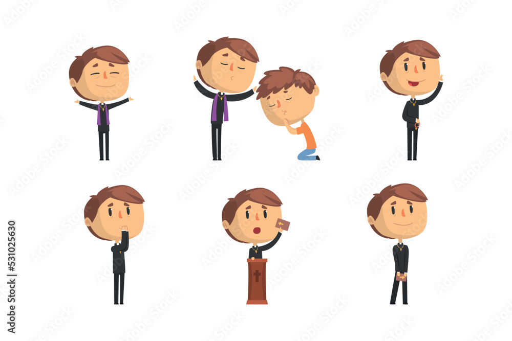 Catholic Preacher or Priest Giving Speech and Blessing Vector Set Catholic Preacher or Priest Giving Speech and Blessing Vector Set