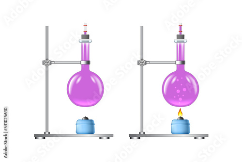 Tripods with laboratory flasks and a glass alcohol spirit burners. A set for chemical experiments with liquid heating. Pascal's Law. Pressure of liquids. Scientific laboratory experiment for physics. photo