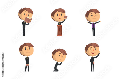 Catholic Preacher or Priest Giving Speech and Blessing Vector Set