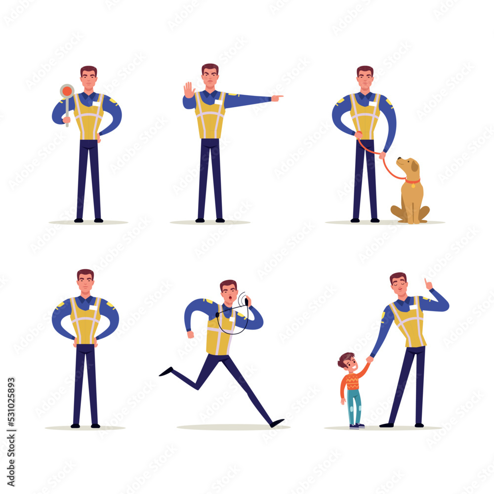 Man Road Policeman Wearing Vest Keeping Order of Traffic Rules Vector Set Man Road Policeman Wearing Vest Keeping Order of Traffic Rules Vector Set