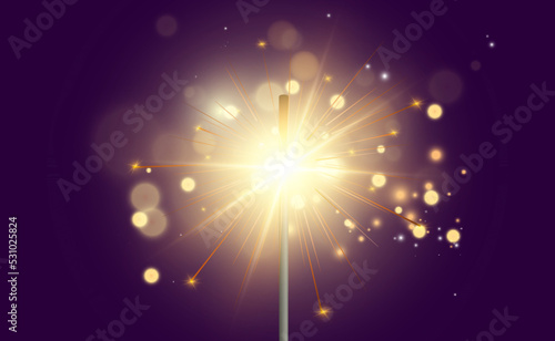 Magical light. Sparkler. Candle sparkling on the background. Realistic vector light effect. Winter, seasonal christmas decoration illustration.	