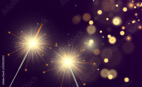 Magical light. Sparkler. Candle sparkling on the background. Realistic vector light effect. Winter, seasonal christmas decoration illustration.	