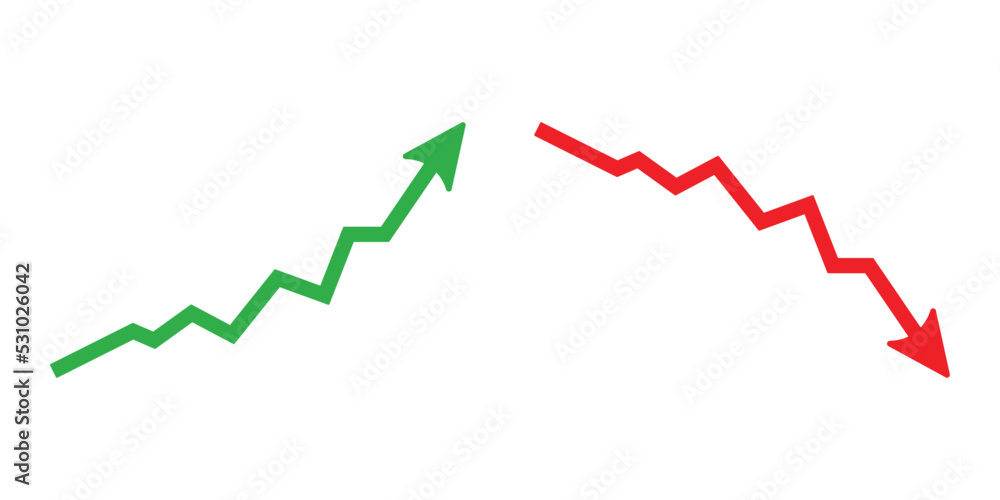 Graph going Up and Down sign with green and red arrows vector. Flat design vector illustration concept of sales bar chart symbol icon with arrow moving down and sales bar chart with arrow moving up. Graph going Up and Down sign with green and red arrows vector. Flat design vector illustration concept of sales bar chart symbol icon with arrow moving down and sales bar chart with arrow moving up.