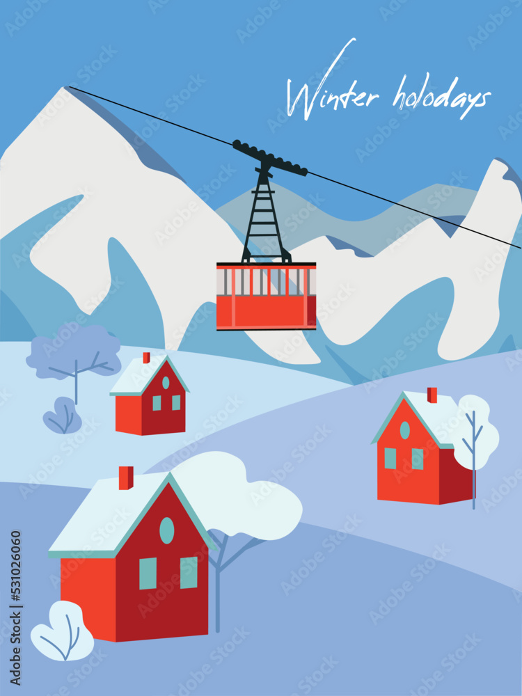 Ski resort, air lift flat vector illustration. Alps, firs, mountains wide panoramic background. Winter activities. red ropeway. Christmas. Recreation Winter holidays Ski resort, air lift flat vector illustration. Alps, firs, mountains wide panoramic background. Winter activities. red ropeway. Christmas. Recreation Winter holidays