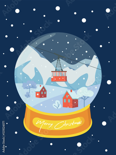 Snowball. Ski resort, air lift flat vector illustration. Alps, firs, mountains wide panoramic background. Winter activities. red ropeway. Christmas. Recreation Winter holidays