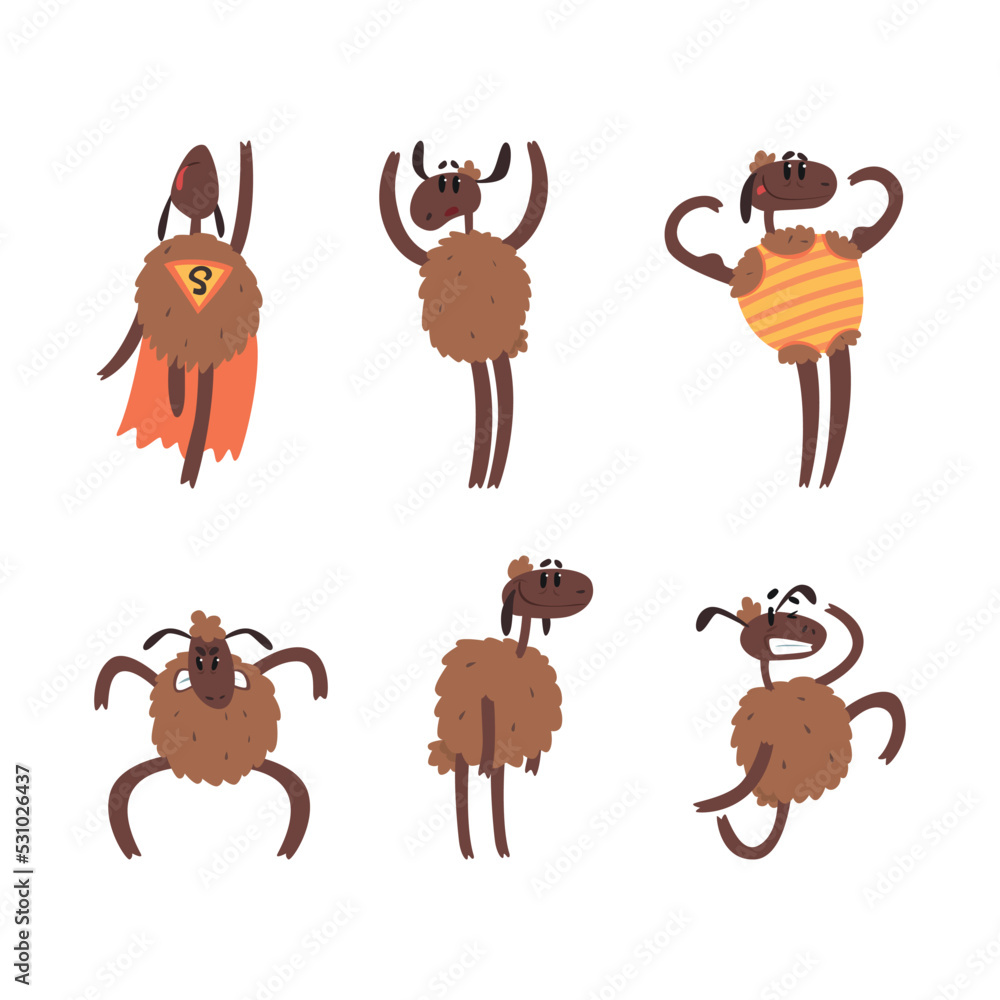 Funny Brown Sheep Character as Hoofed Animal Engaged in Different Activity Vector Set Funny Brown Sheep Character as Hoofed Animal Engaged in Different Activity Vector Set