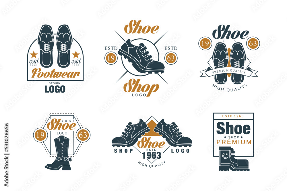 Shoe shop badges set. Retro style logo templates for shoemaker, footwear store and shoes repair service vector illustration