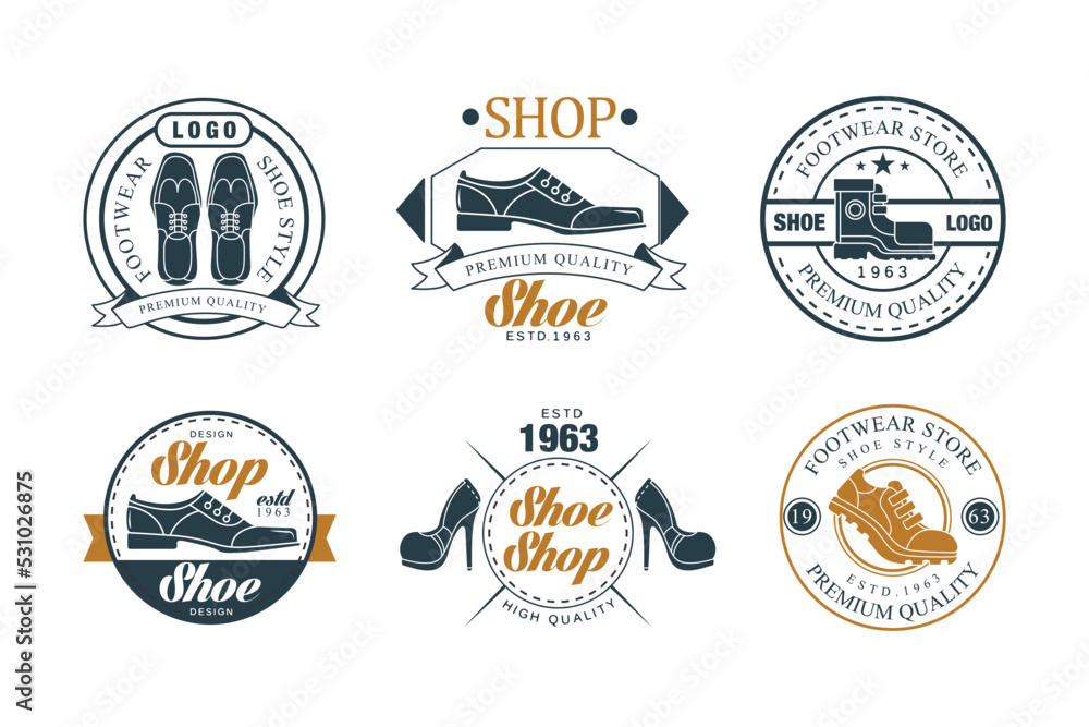 Footwear store badges set. Shoemaker, shoe shop and repair service vintage logo design vector illustration
