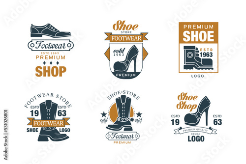 Footwear premium shop badges, labels set. Retro style logo templates for shoemaker, shoe shop and repair service vector illustration