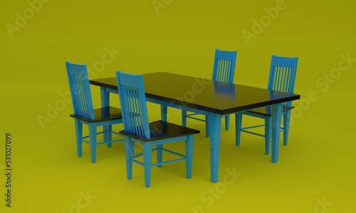 3d illustration  tables and chairs  yellow background  3d rendering.