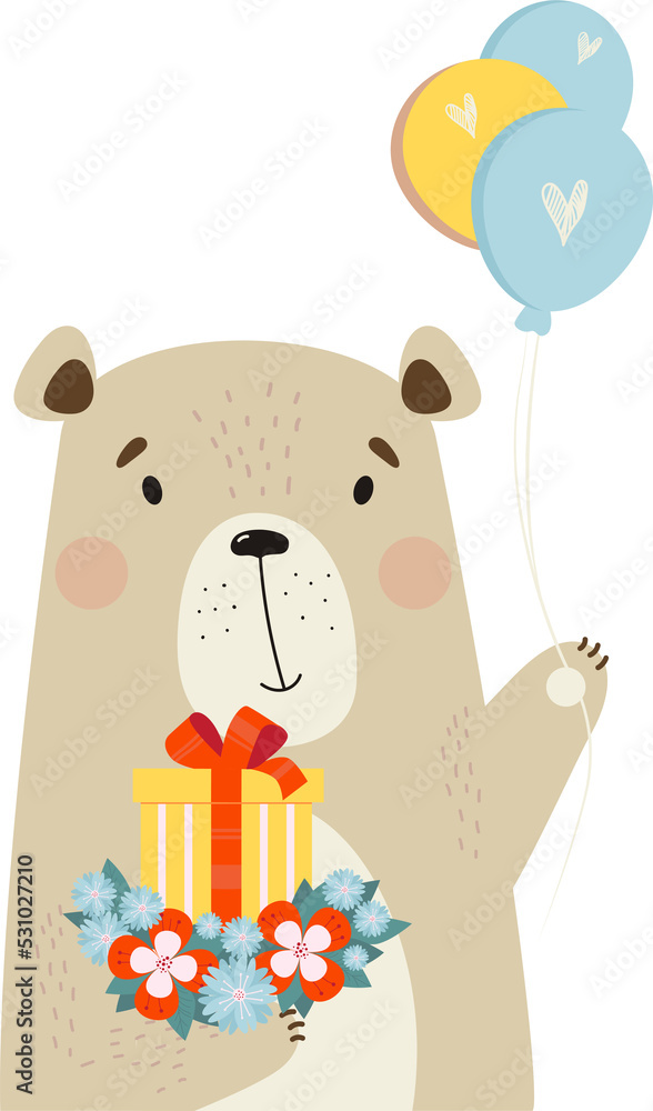 Naklejka premium Cute bear with gift, flowers and balloons