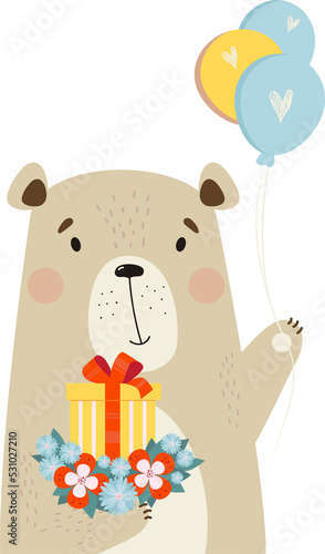 Cute bear with gift, flowers and balloons © Ludmila