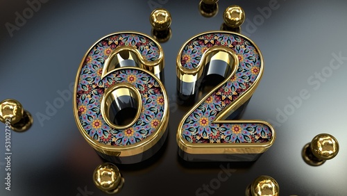 Vintage Royal Gold Floral Pattern 62 Number With Gold Metal Spheres Above The Glass Plane 3D Rendering