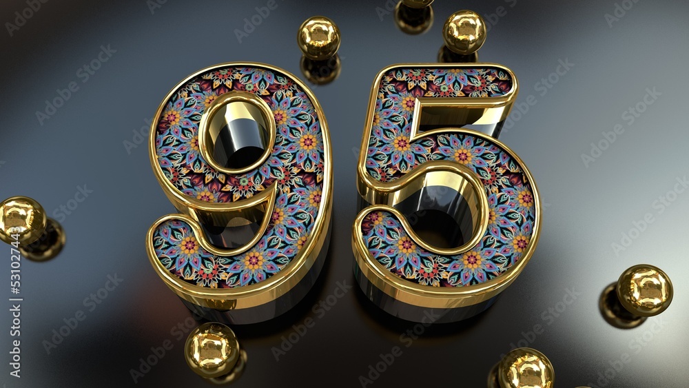 Vintage Royal Gold Floral Pattern 95 Number With Gold Metal Spheres Above The Glass Plane 3D Rendering