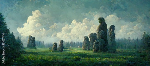 Ancient towering stone monolith pillars in lush green forest meadow, lost civilization city ruins overgrown with moss. Surreal dreamscape that is intriguing to full mystery. 