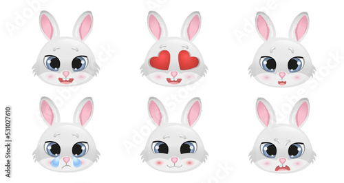 Range of different emotions. Comic faces with various emotions. Portraits of emotional character. Set of cute bunnies in cartoon style vector illustration. Easter bunny. Symbol of the new year 2023. 