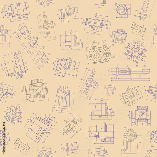 Technical drawing, unique machine details. Seamless editable pattern (pink).