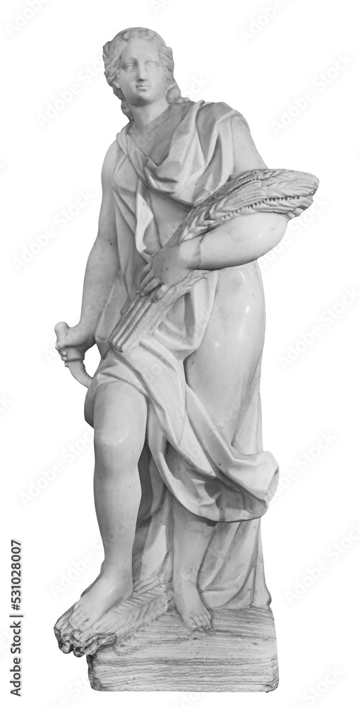 Ancient Roman or Greek neoclassical statue of young woman isolated on white background. Female sculpture