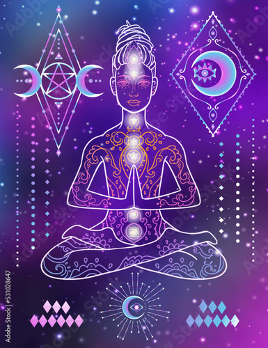 Yoga man with dreadlock. Yoga pose with mandala and chakras