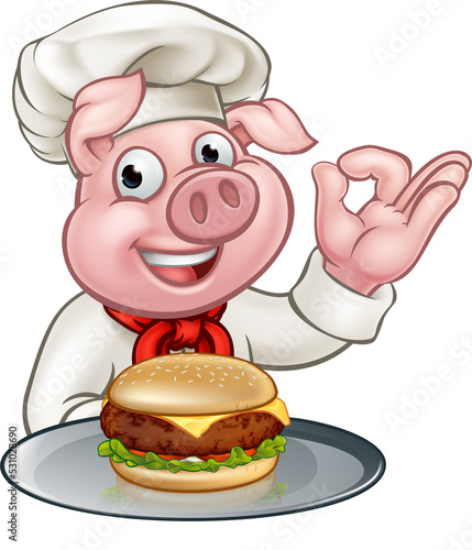 Pig Chef Holding Burger Car...