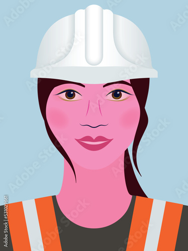 Portrait of smiling female engineer, construction site manager or supervisor wearing white hard hat and reflective vest. Young woman in leadership position in male-dominated environment.