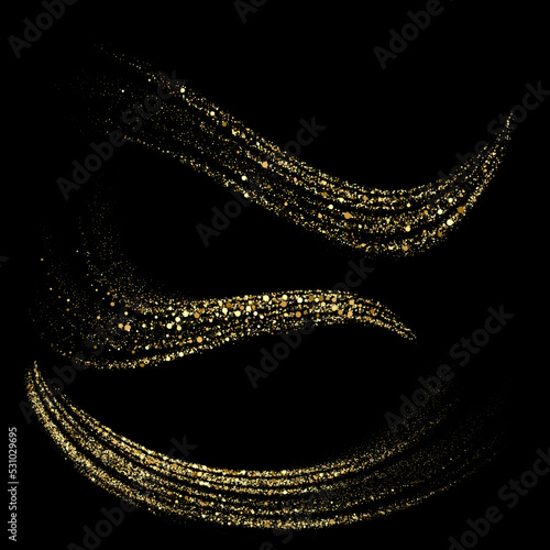Golden shimmering wave gold glitters isolated on black background. Glittering trail of stardust. Abstract movement. Magic swirl lines.