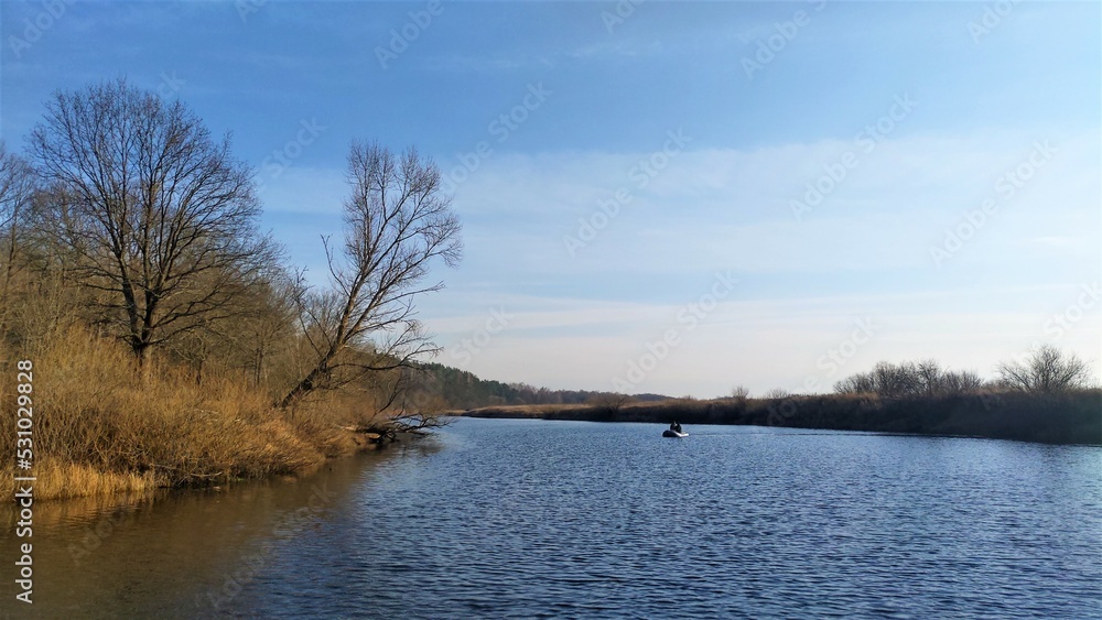 The inflatable motorboat is floating on the river. There are ripples in the water. A tree is leaning over the water. A forest grows on the bank. Sunny weather and blue sky with puffy clouds