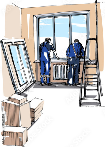House renovation service - workers change windows. Hand drawn sketch