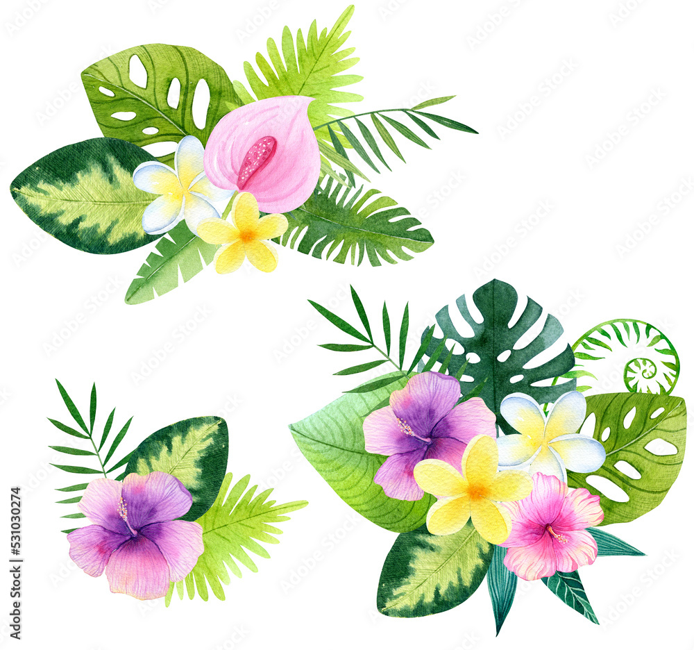 Fototapeta premium Watercolor frame, tropical flowers and leaves. Jungle flower bouquets. Safari exotic greenery cute childish baby shower illustration. Floral summer isolated wreath. Monstera banana leaves border