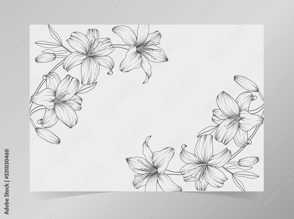 Hand drawn black and white line lily flower border on white background ...