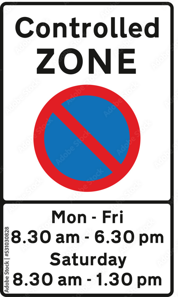 Fototapeta premium Entrance to controlled parking zone, The Highway Code Traffic Sign, Signs giving orders, Signs with red circles are mostly prohibitive. Plates below signs qualify their message.