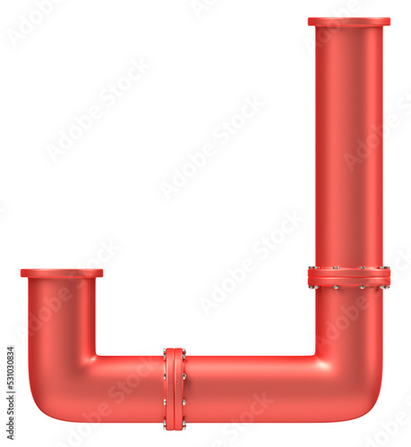 Letter J made of tubes painted red car paint with steel bolts and nuts, 3d rendering
