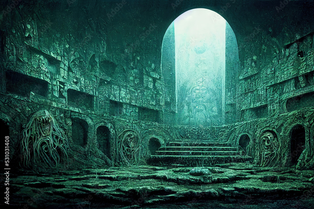 Stone Arena. Detailed Ancient Cathedral. Fantasy Backdrop Concept Art